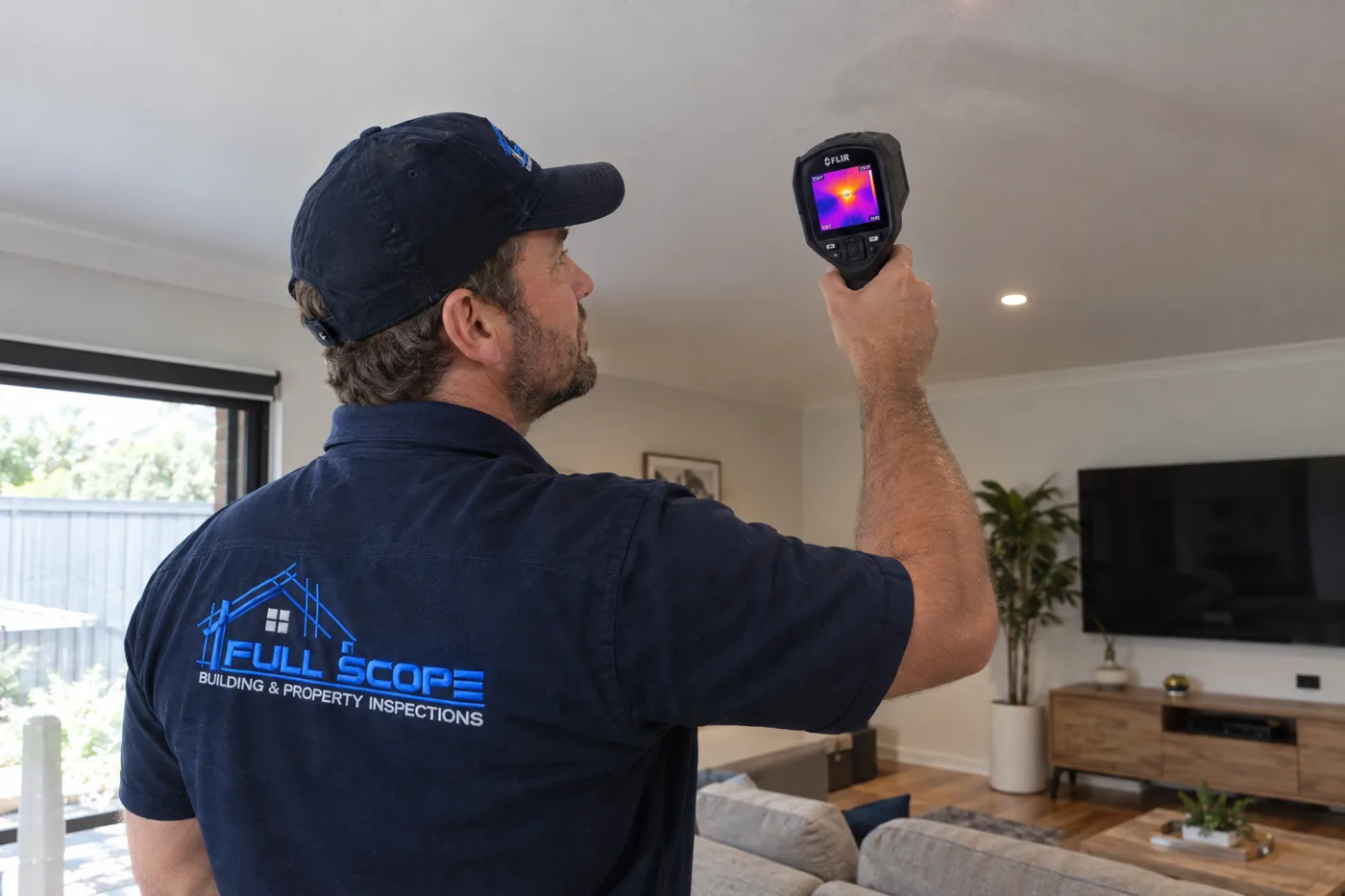 Thermal imaging camera held against an internal wall, showing the heat image