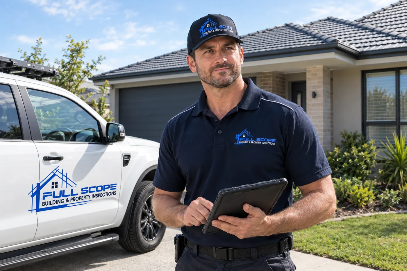 A building inspector with a tablet beside a work vehicle outside a suburban home