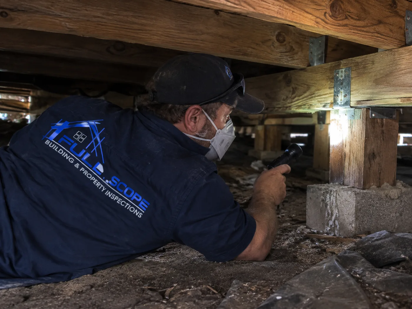 Timber bearers and joists in a subfloor being checked for pest damage